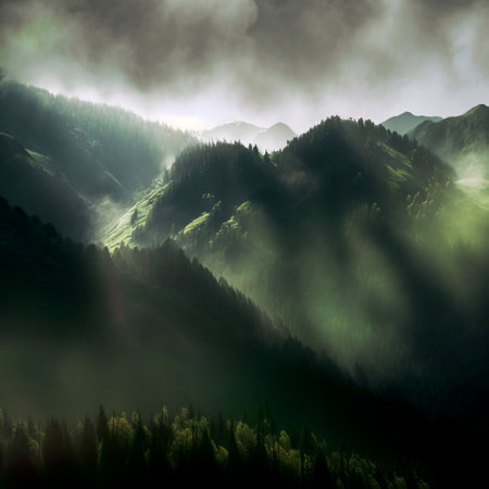 Green mountain range. Landscape of misty mountains. High quality illustrationの写真素材