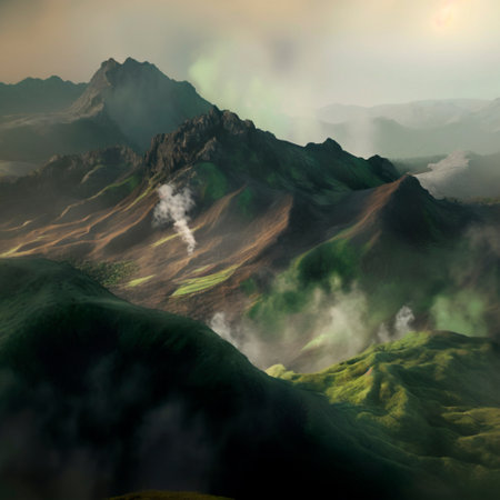 Green mountain range. Landscape of misty mountains. High quality illustrationの写真素材