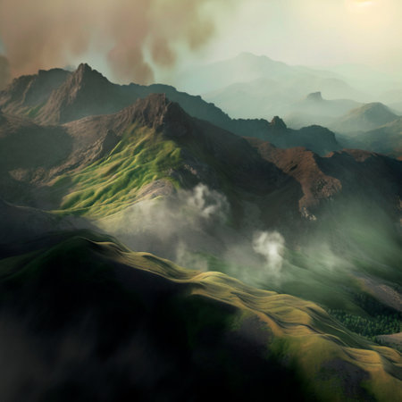 Green mountain range. Landscape of misty mountains. High quality illustrationの写真素材