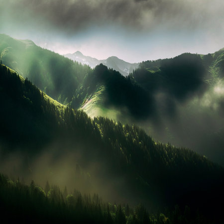 Green mountain range. Landscape of misty mountains. High quality illustrationの写真素材