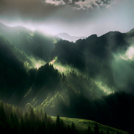 Green mountain range. Landscape of misty mountains. High quality illustrationの写真素材