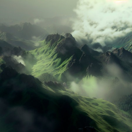 Green mountain range. Landscape of misty mountains. High quality illustrationの写真素材
