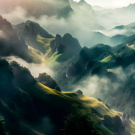 Green mountain range. Landscape of misty mountains. High quality illustrationの写真素材