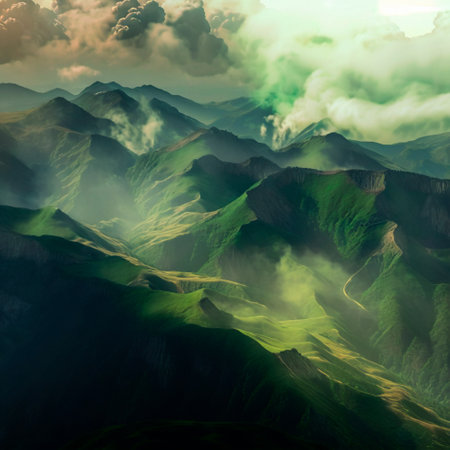 Green mountain range. Landscape of misty mountains. High quality illustrationの写真素材