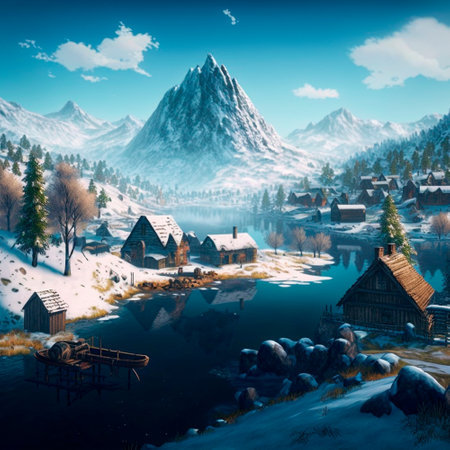 Small village with a river in the snowy mountains. High quality illustrationの写真素材