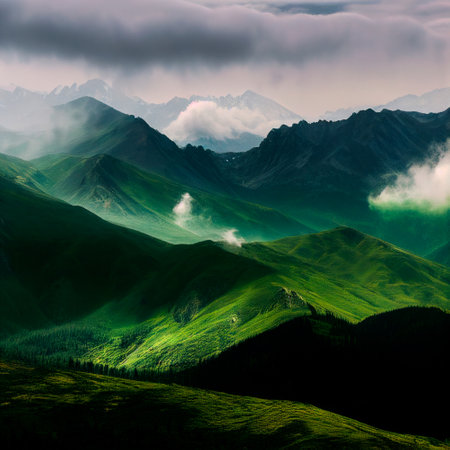 Green mountain range. Landscape of misty mountains. High quality illustrationの写真素材