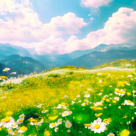 Chamomile field in the mountains. High quality illustrationの写真素材