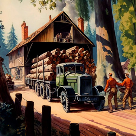 England in the 80s. Loading by workers of the car with logs. High quality illustrationの写真素材