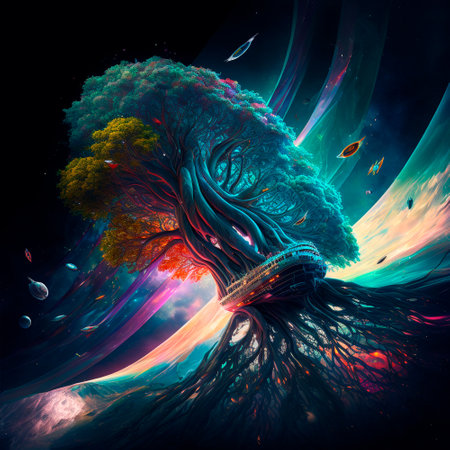 Magic colorful tree in space flying through space. High quality illustrationの写真素材