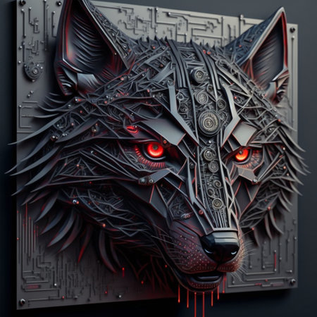 Cybernetic wolf with red glowing eyes. High quality illustration