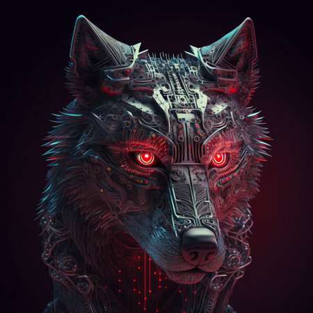 Cybernetic wolf with red glowing eyes. High quality illustrationの写真素材