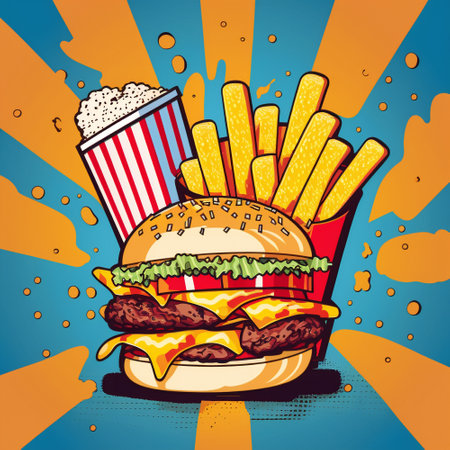 Colorful illustration of fast food in pop art style. High quality illustrationの写真素材