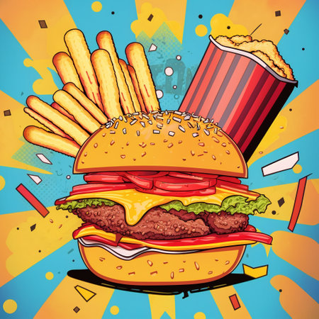 Colorful illustration of fast food in pop art style. High quality illustrationの写真素材