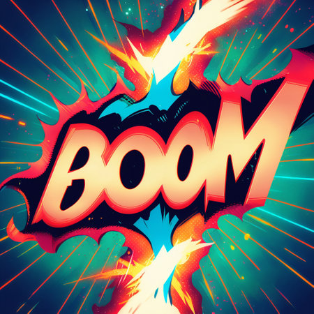 Cartoon sign of burst clouds with the word Boom. High quality photoの素材