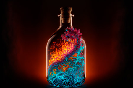 A bottle filled with colorful liquid fire. High quality illustrationの写真素材