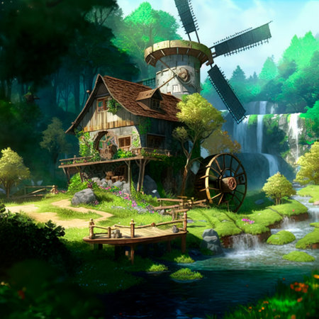 Water mills in the forest, anime style. High quality illustrationの写真素材