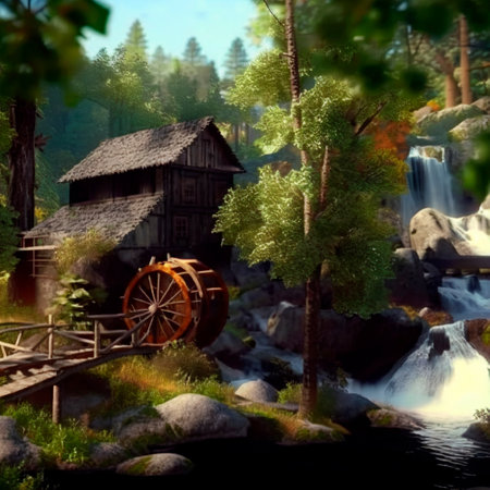 Water mills in the forest, anime style. High quality illustrationの写真素材