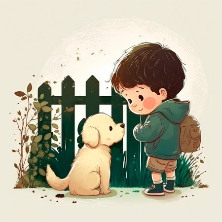 Illustration of a boy playing with a puppy. High quality illustrationの写真素材