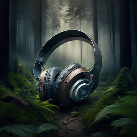 Abstract image of headphones on the background of nature. High quality illustrationの写真素材