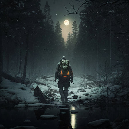 A traveler walking through a snow-covered forest. High quality illustrationの写真素材