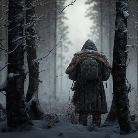 A traveler walking through a snow-covered forest. High quality illustrationの写真素材