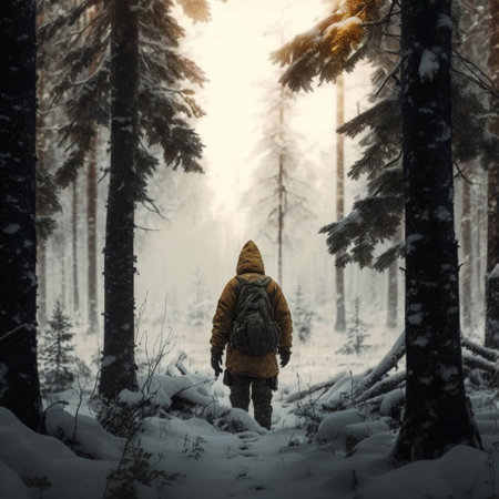 A traveler walking through a snow-covered forest. High quality illustrationの写真素材