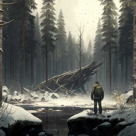 A traveler walking through a snow-covered forest. High quality illustrationの写真素材