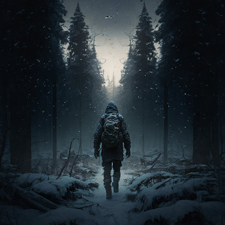 A traveler walking through a snow-covered forest. High quality illustrationの写真素材