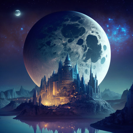 A fantasy city from another world on the background of a huge moonの写真素材