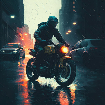 A motorcyclist rushes along the night street of the city in the pouring rain