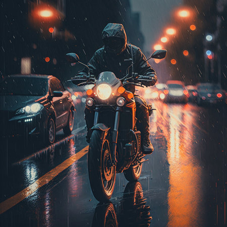A motorcyclist rushes along the night street of the city in the pouring rainの写真素材