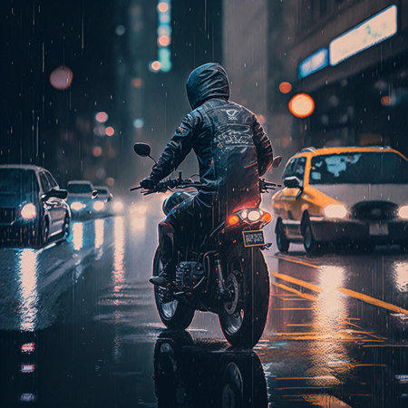 A motorcyclist rushes along the night street of the city in the pouring rainの写真素材