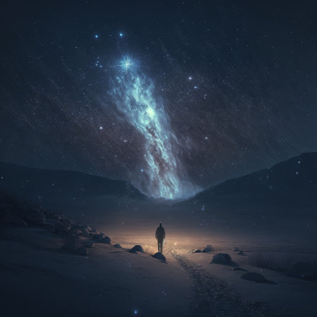 Man against the backdrop of a mysterious starry sky. High quality illustrationの写真素材