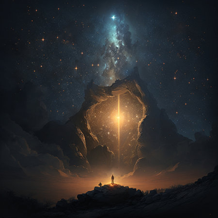 Man against the backdrop of a mysterious starry sky. High quality illustrationの写真素材