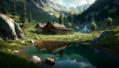 beautiful mountain summer landscape with green hills. High quality illustrationの写真素材
