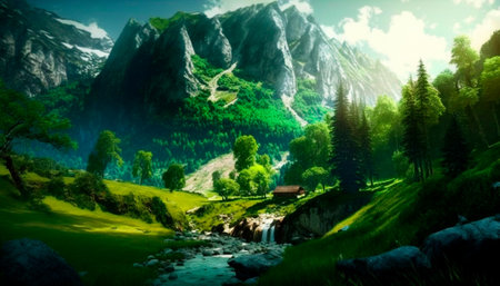 beautiful mountain summer landscape with green hills. High quality illustrationの写真素材