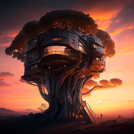 houses of the future located in the trees at sunset. High quality illustrationの写真素材