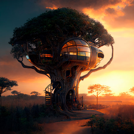 houses of the future located in the trees at sunset. High quality illustrationの写真素材