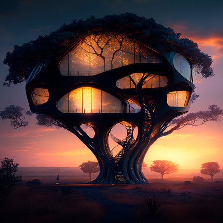 houses of the future located in the trees at sunset. High quality illustrationの写真素材