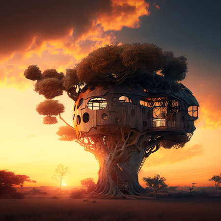 houses of the future located in the trees at sunset. High quality illustrationの写真素材