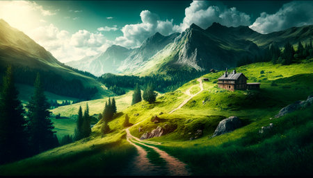 beautiful mountain summer landscape with green hills. High quality illustrationの写真素材
