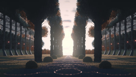 The road between endless rows of trees, going to infinity. road to the light. High quality illustrationの写真素材
