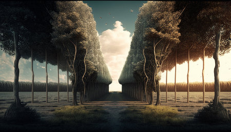 The road between endless rows of trees, going to infinity. road to the light. High quality illustrationの写真素材