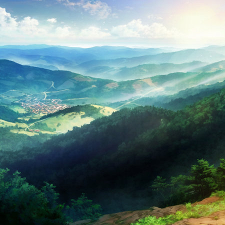 Sunny summer day in the mountains. High quality illustrationの写真素材