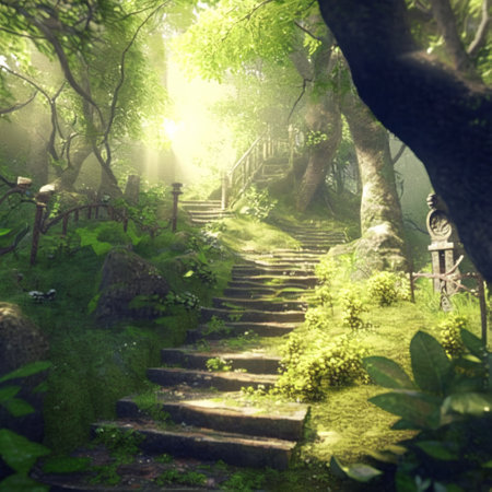 An old abandoned staircase in the forest. High quality illustration