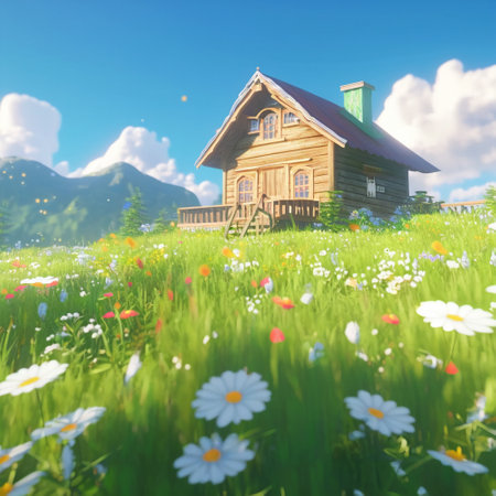 A wooden house in a clearing among daisies . High quality illustrationの写真素材