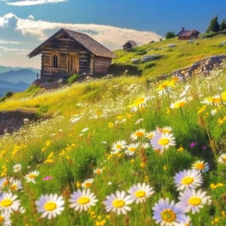 A wooden house in a clearing among daisies . High quality illustrationの写真素材