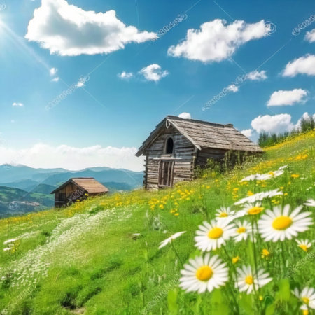 A wooden house in a clearing among daisies . High quality illustrationの写真素材