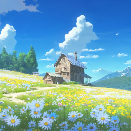 A wooden house in a clearing among daisies . High quality illustrationの写真素材