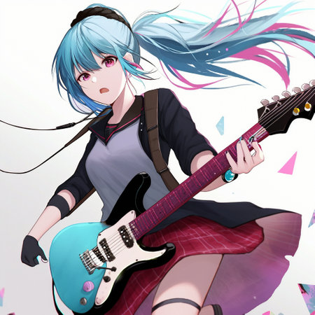 A girl plays an electric guitar in the anime style. High quality illustrationの写真素材
